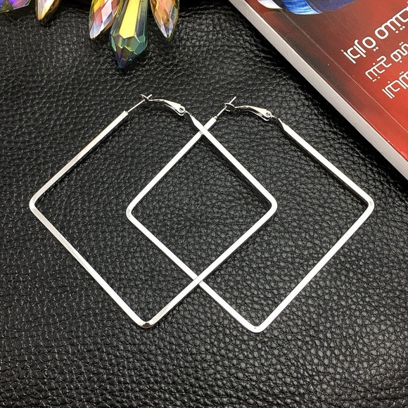 Silver Rhombus Clasp Back Hoop Earrings - Picture 2 of 7